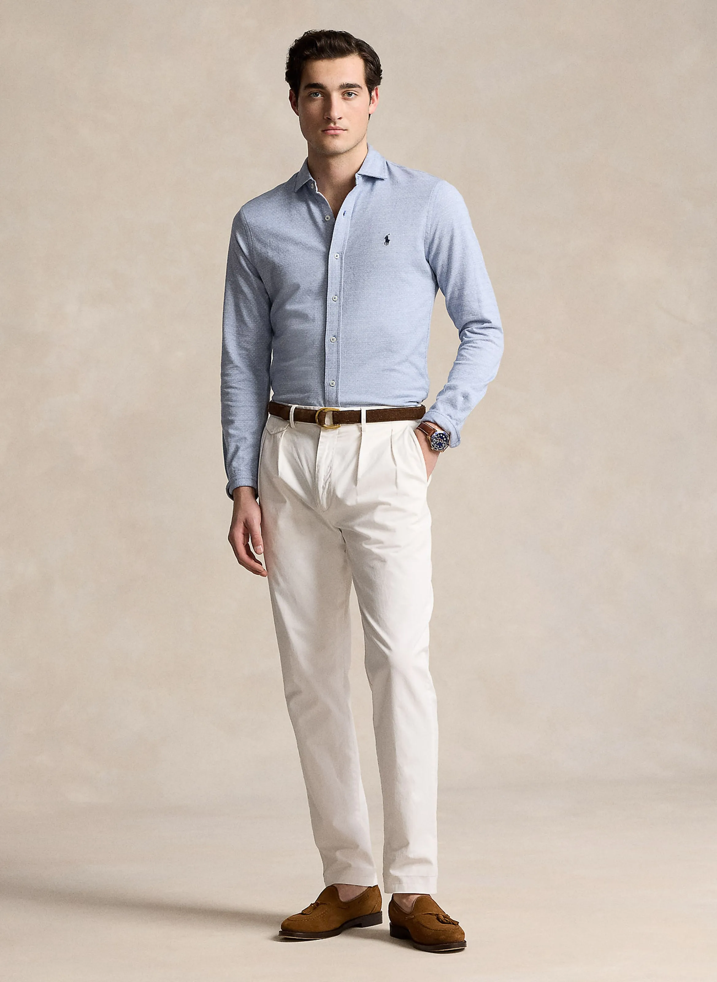 POLO RALPH LAUREN Camisa recta de cuello italiano de algodón en azul