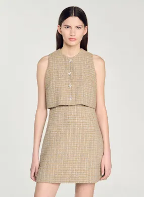 SANDRO Vestido acampanado cuello redondo de tweed en marron