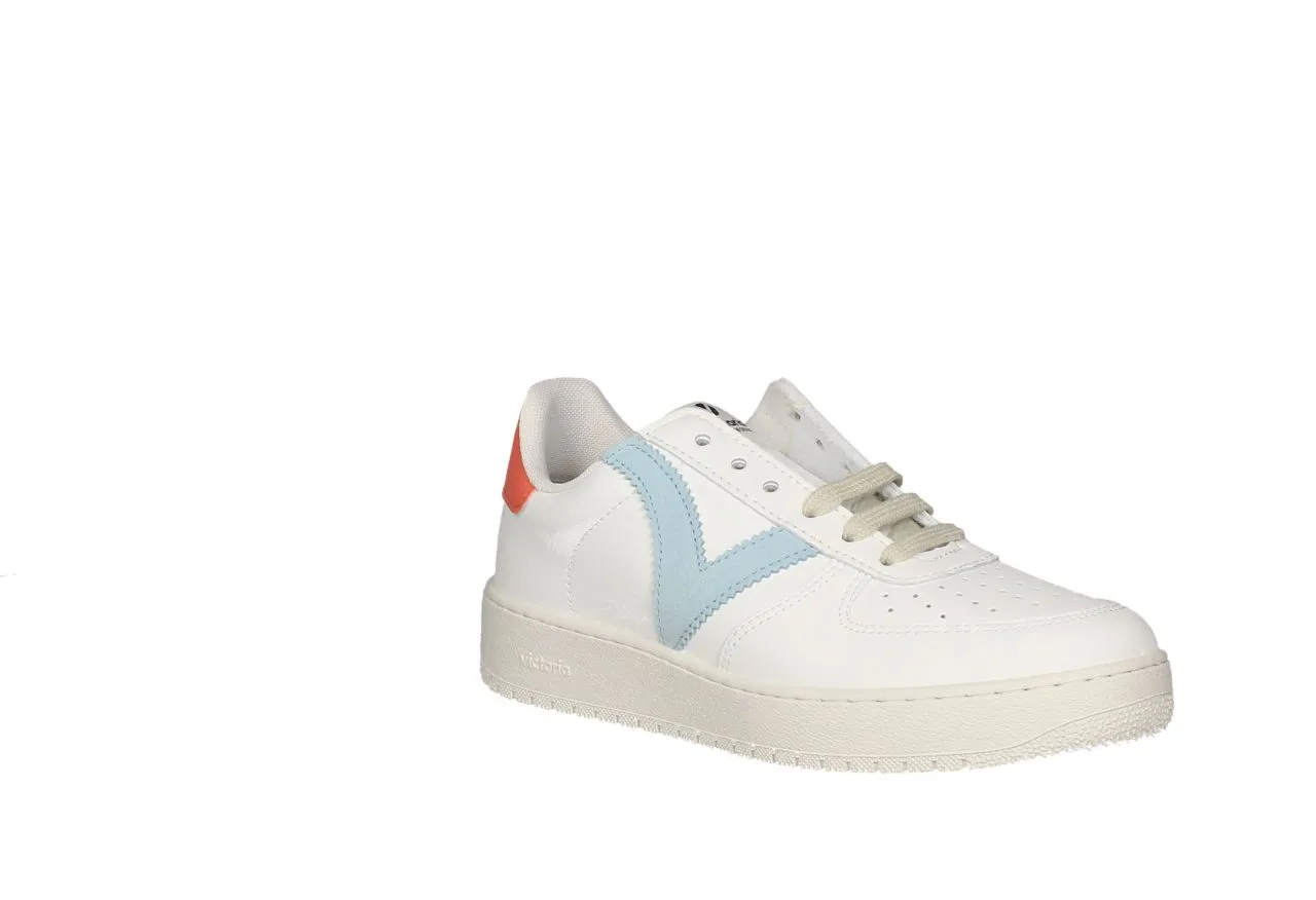 Sneaker Piel Blanco Pala Calados Lateral Celeste Talon Salmon