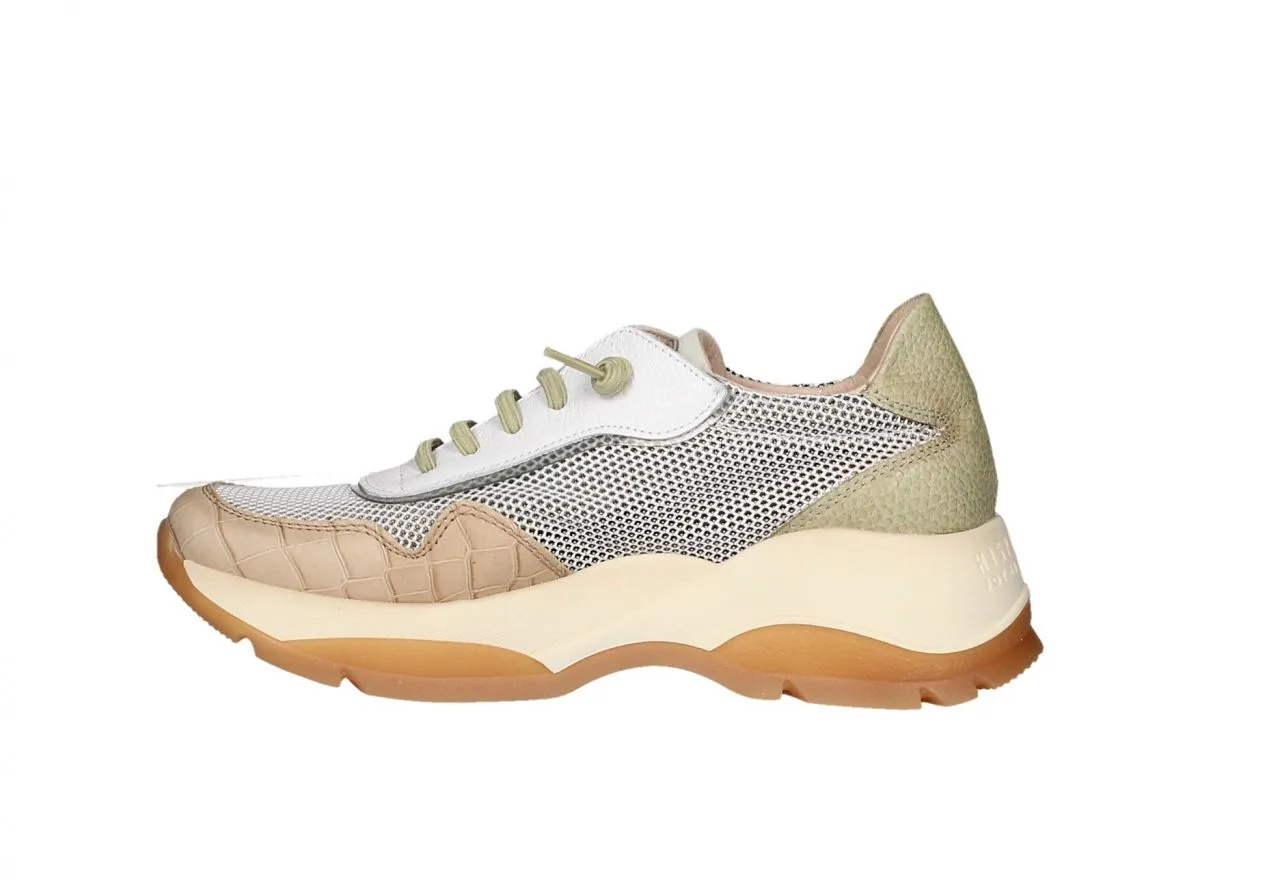 Sneaker Piel/rejilla Blanco-taupe-kaki Piso Grueso