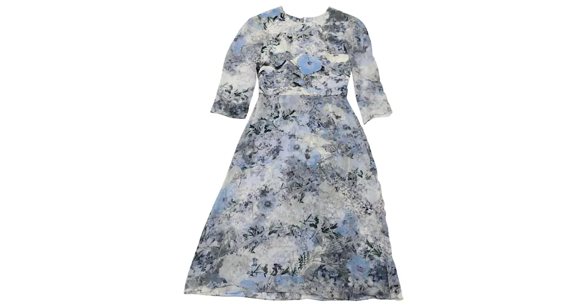 VESTIDO MIDI ERdem Floral en Seda Azul 